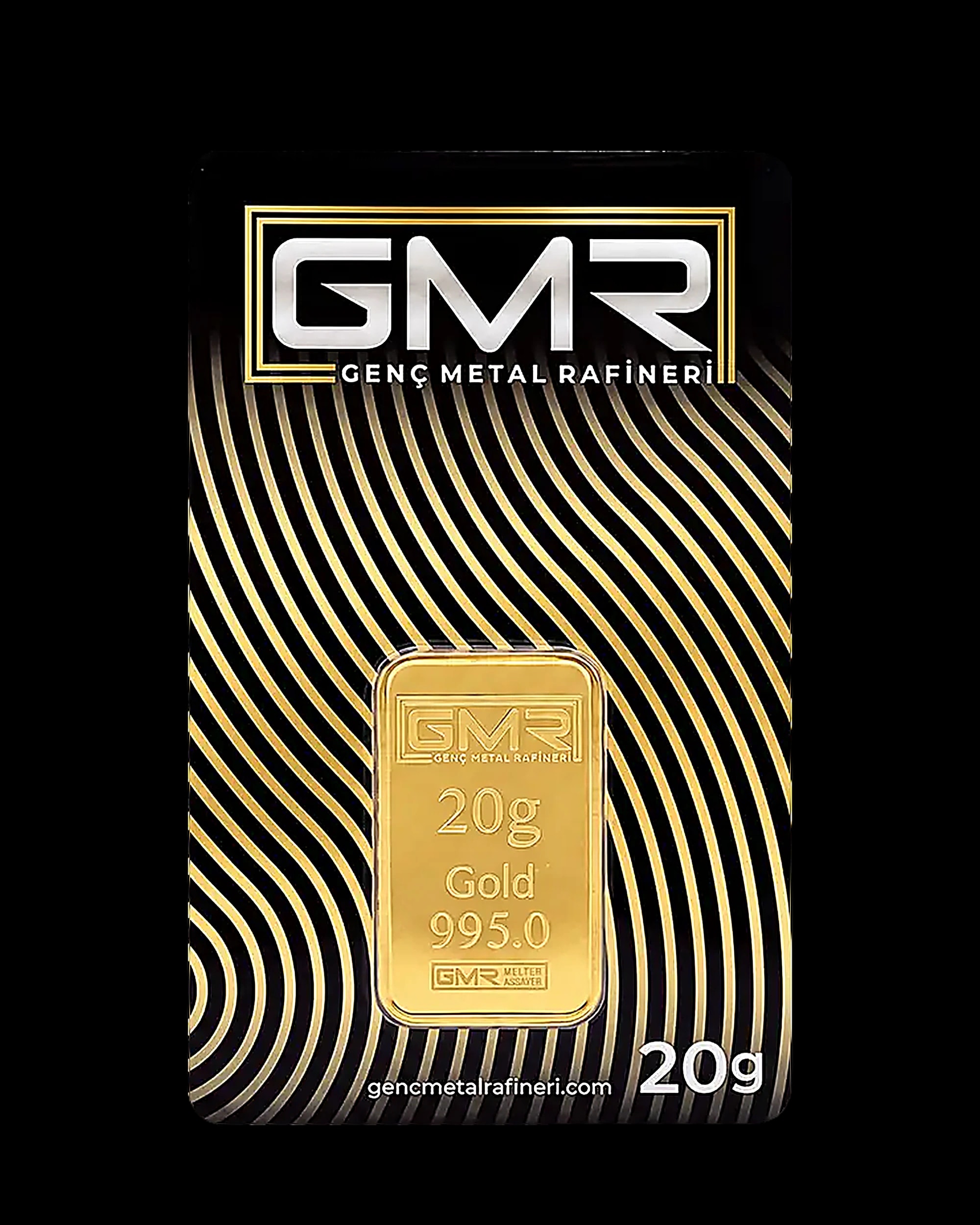 GMR 20 gram altın kartın ön yüzü: GMR logosu ve 995,0 saflıkta külçe