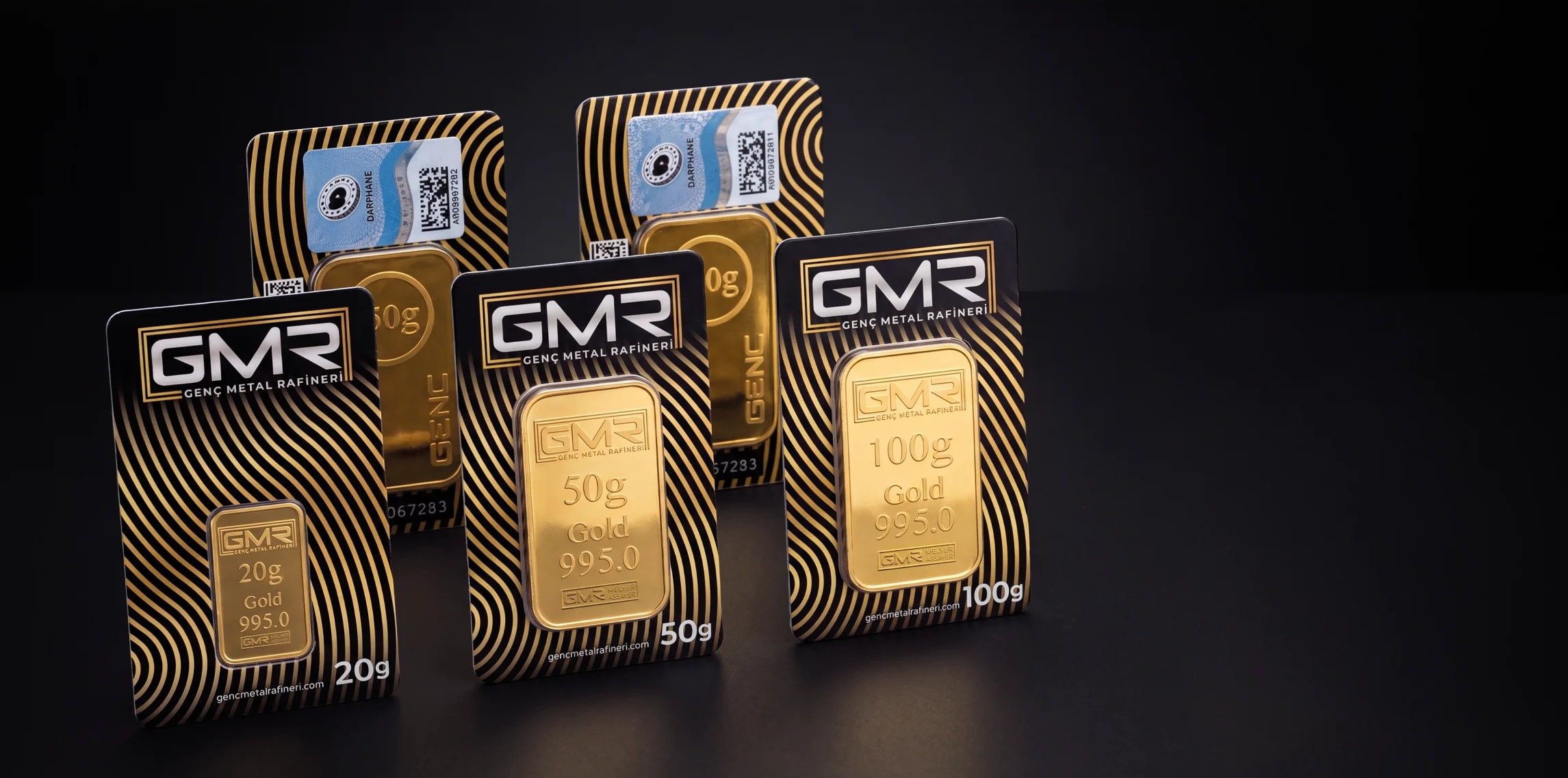 GMR 20, 50 ve 100 gram altın kartları; arkadaki iki kartta Darphane hologramı, KMTS karekodu ve seri numarası