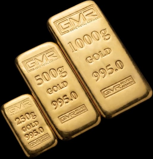 Siyah zeminde yan yana GMR 250, 500 ve 1000 g 995 altın külçeler