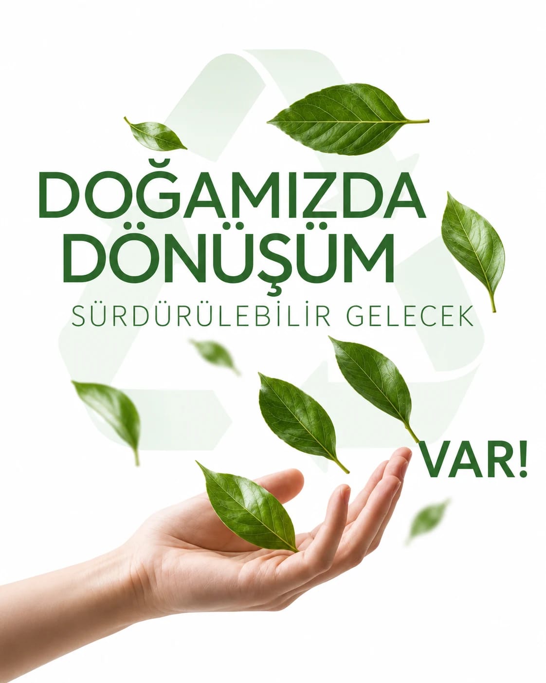 Açılmış bir avucun üzerinde uçuşan yeşil yapraklar, arkada geri dönüşüm simgesi ve Doğamızda Dönüşüm, Sürdürülebilir Gelecek Var yazısı